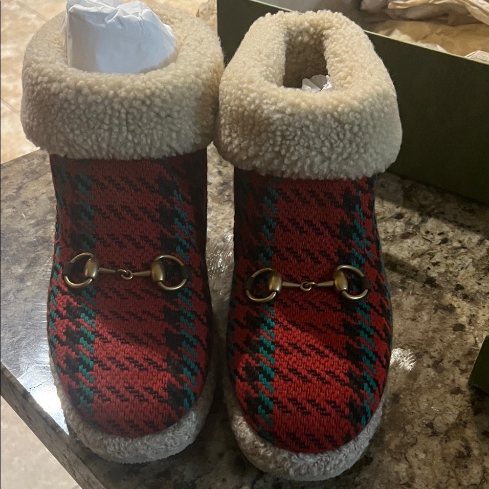 Gucci Red Plaid Shearling-Trim Ankle Booties with Horsebit